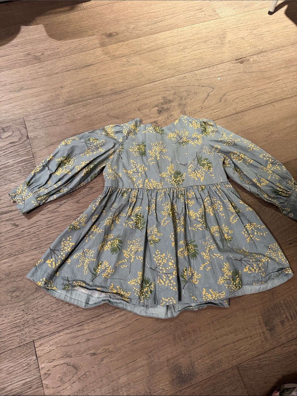 Molo Girls Floral Long Sleeve Smocked Waist Dress - Yellow on Dusty Blue